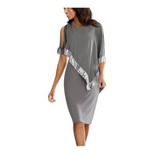 Midnight Velvet Sequin Trim Cocktail Party Formal Wedding Guest Gray Cape Dress